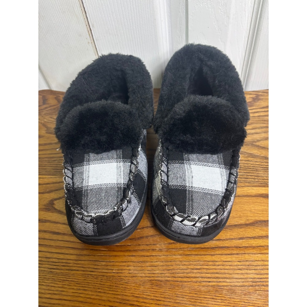 Womens Apres Black White Plaid Moccasin Slippers Faux‎ Fur Comfort Cozy Shoes 6